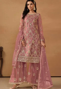 Embroidered Net Pakistani Suit in Old Rose