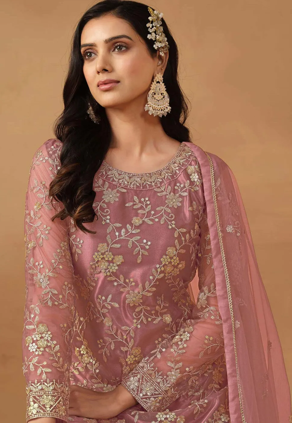 Embroidered Net Pakistani Suit in Old Rose