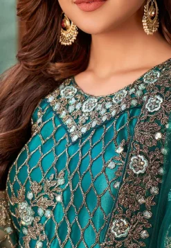 Embroidered Net Pakistani Suit in Teal Green