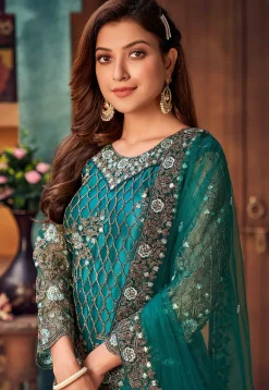 Embroidered Net Pakistani Suit in Teal Green