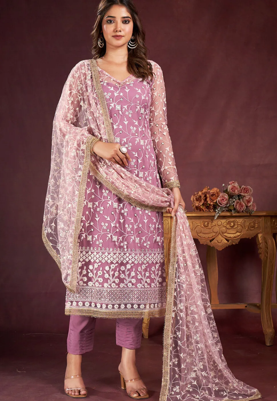 Embroidered Net Pakistani Suit in Pink
