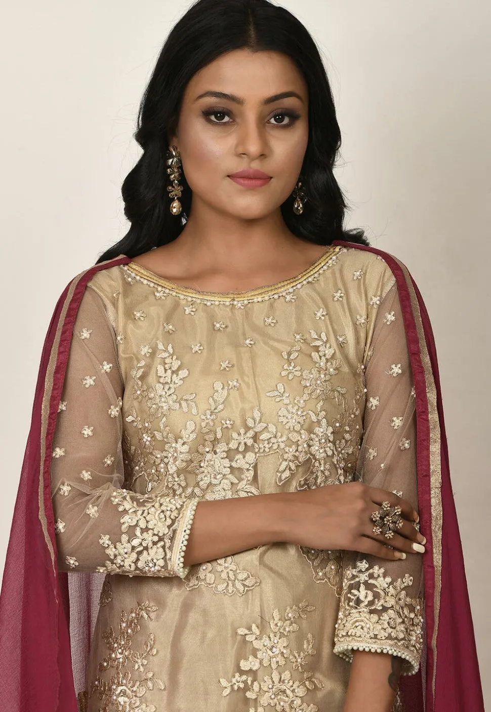 Embroidered Net Pakistani Suit in Beige