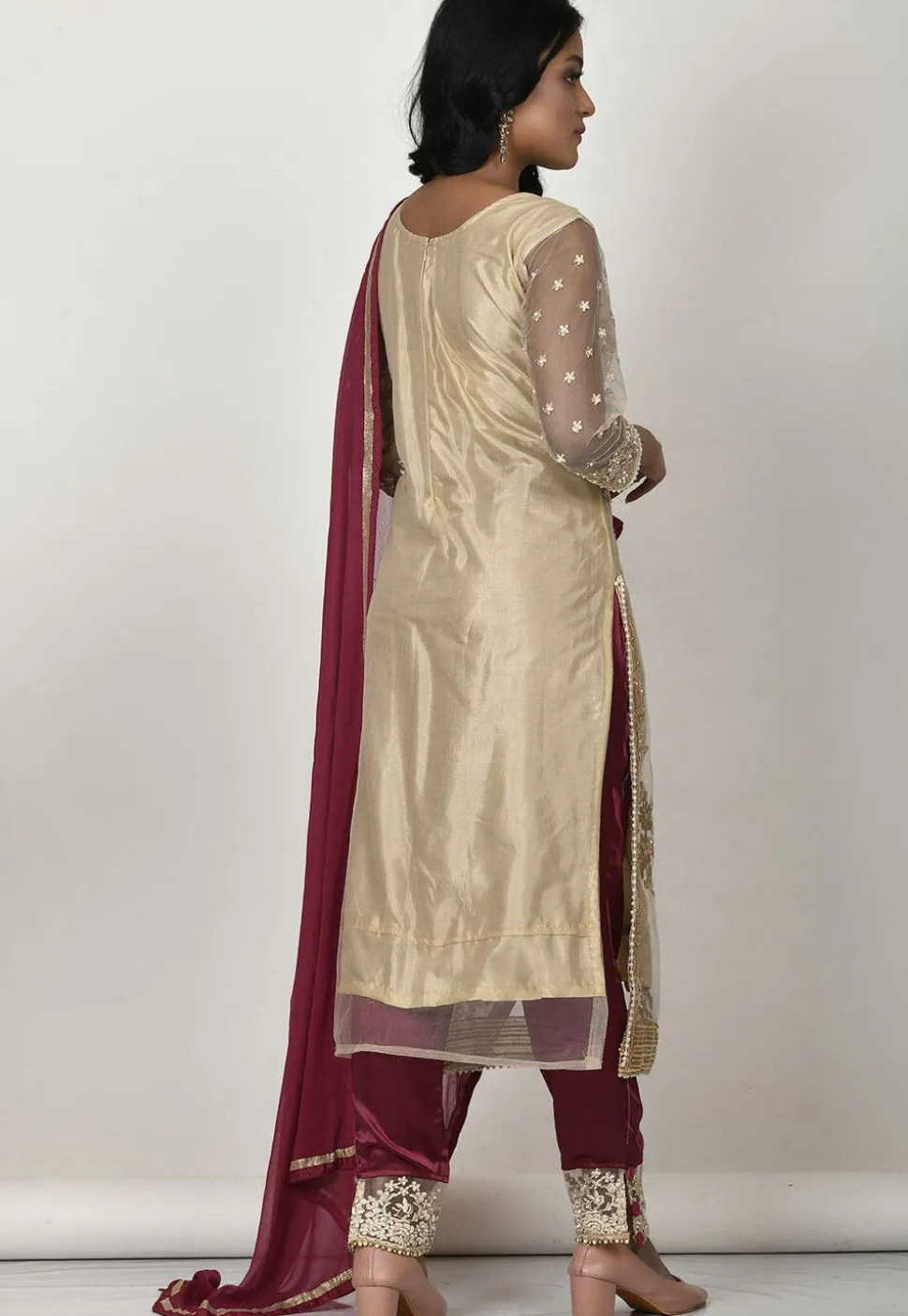 Embroidered Net Pakistani Suit in Beige