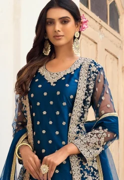 Embroidered Net Pakistani Suit in Teal Blue