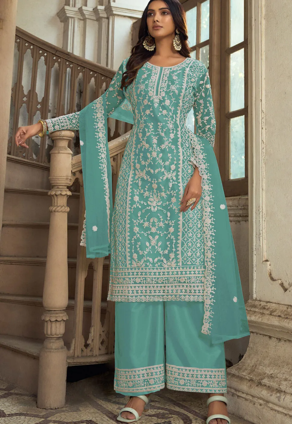 Embroidered Net Pakistani Suit in Turquoise