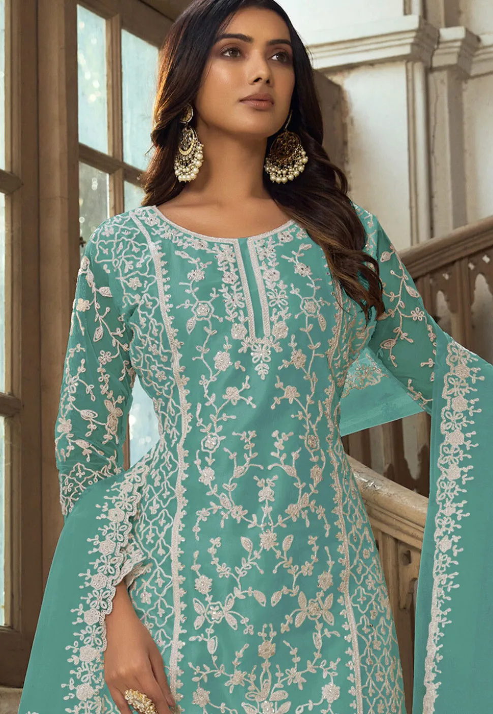 Embroidered Net Pakistani Suit in Turquoise