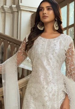 Embroidered Net Pakistani Suit in Off White