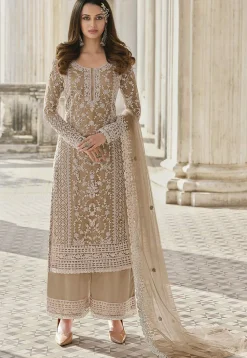 Embroidered Net Pakistani Suit in Beige