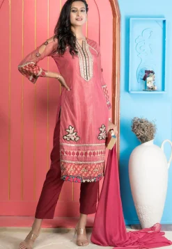 Embroidered Net Pakistani Suit in Pink