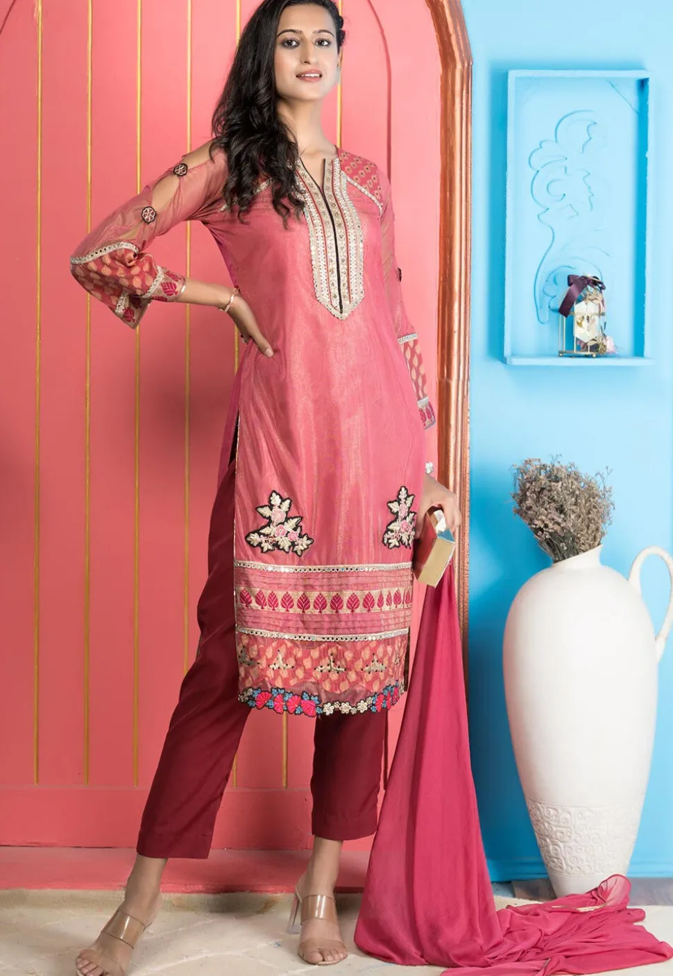 Embroidered Net Pakistani Suit in Pink
