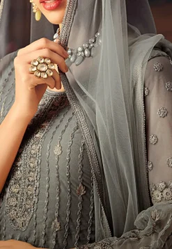 Embroidered Net Pakistani Suit in Grey