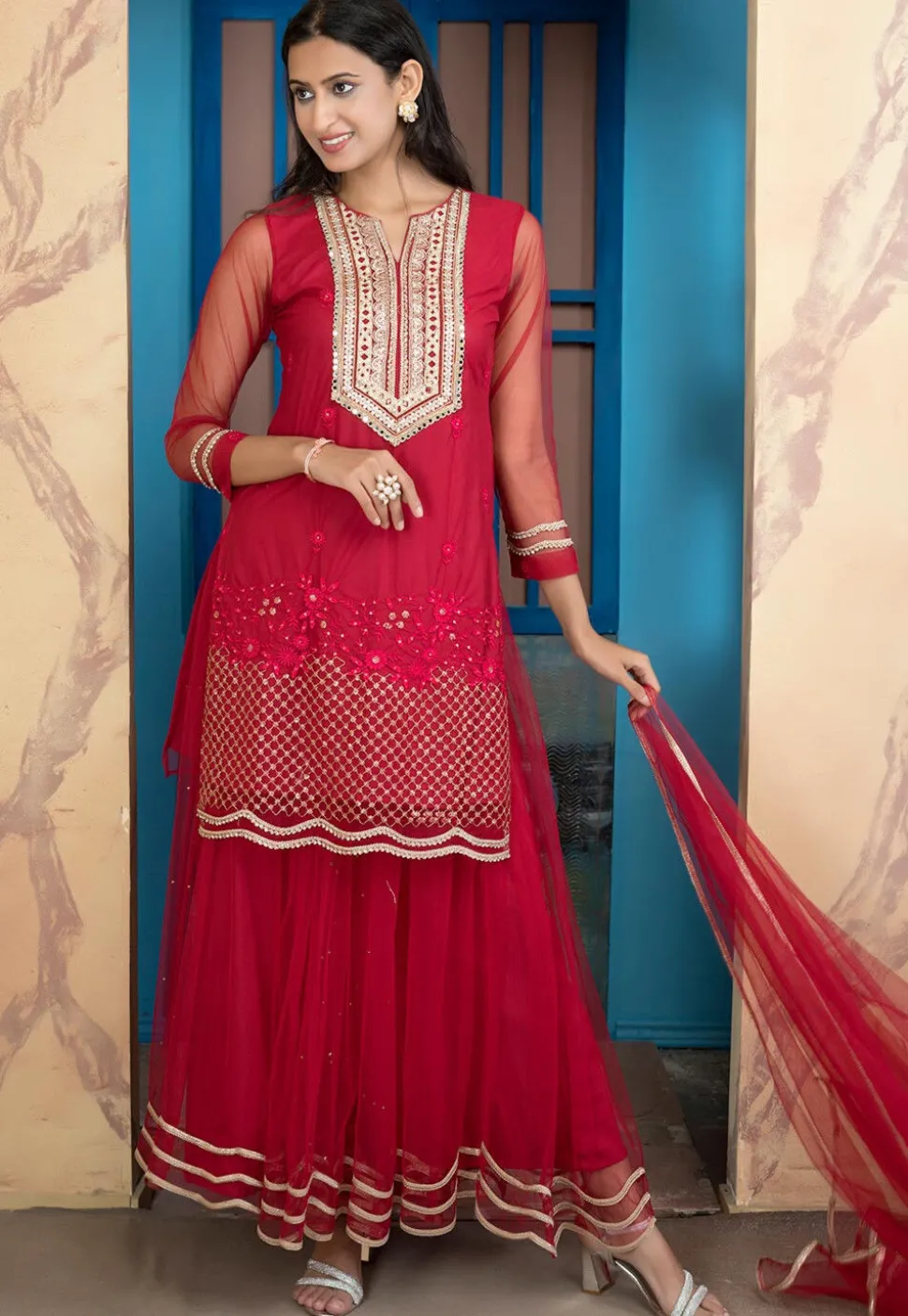 Embroidered Net Pakistani Suit in Pink