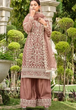 Embroidered Net Pakistani Suit in Rose Gold