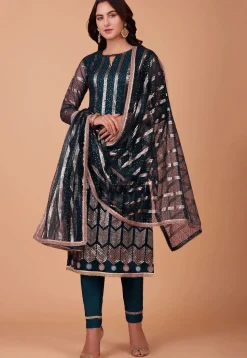 Embroidered Net Pakistani Suit in Teal Blue