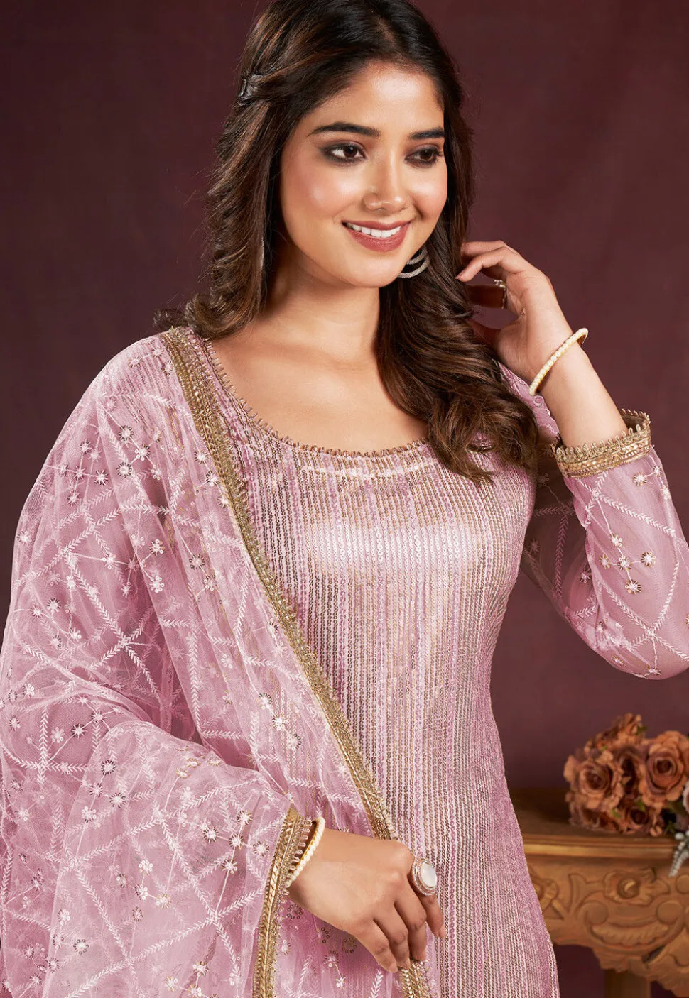 Embroidered Net Pakistani Suit in Pink