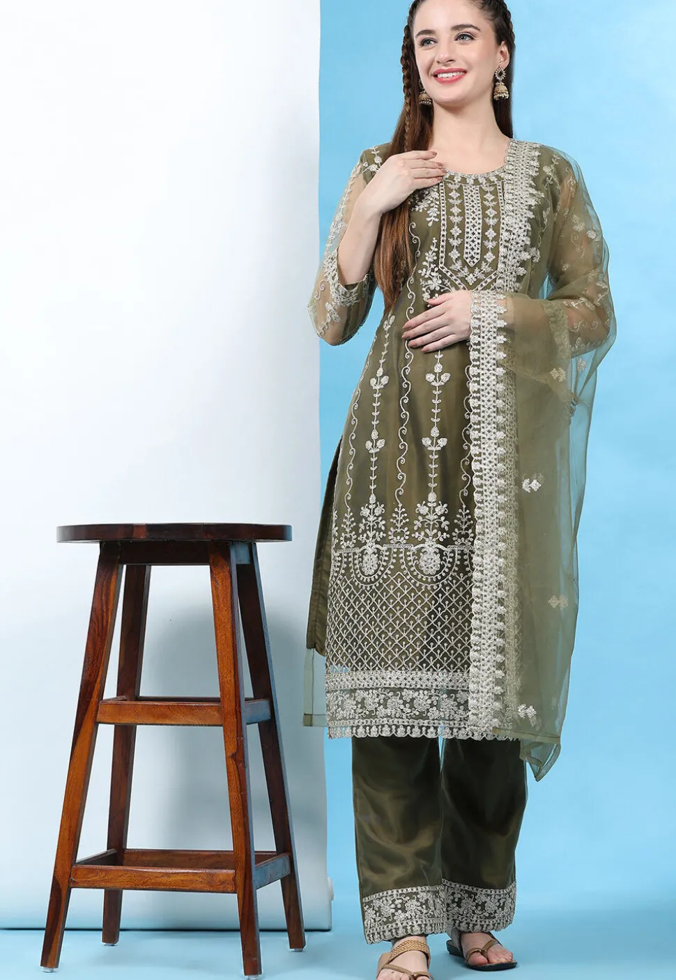Embroidered Net Pakistani Suit in Olive Green