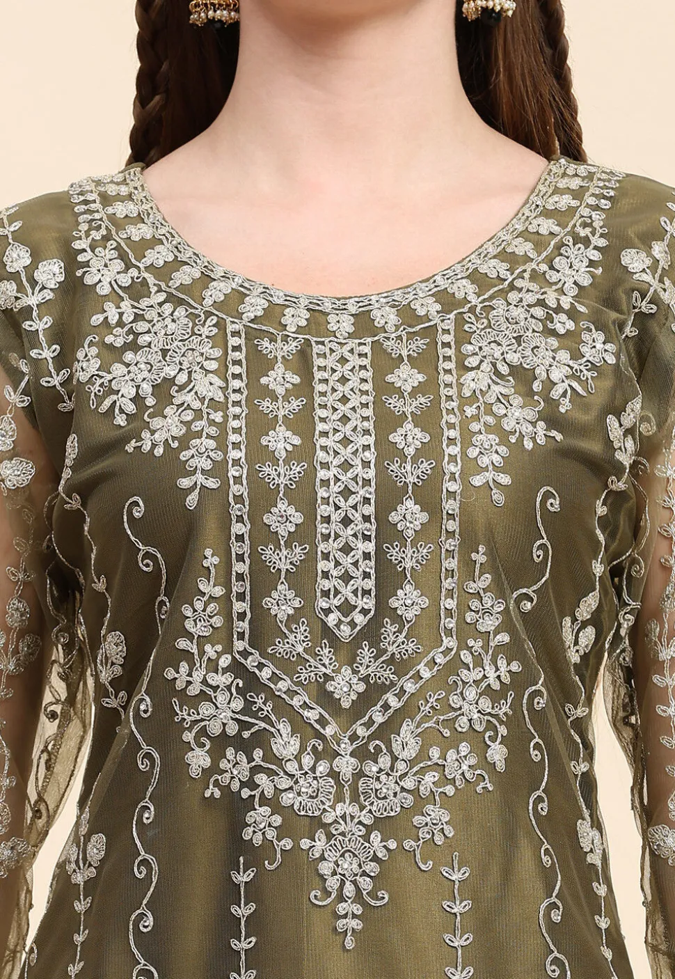 Embroidered Net Pakistani Suit in Olive Green