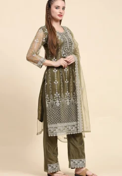 Embroidered Net Pakistani Suit in Olive Green