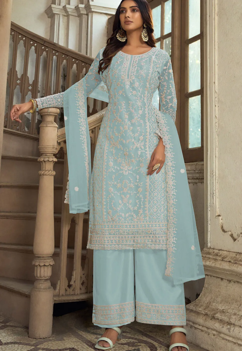 Embroidered Net Pakistani Suit in Sky Blue