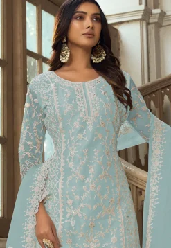 Embroidered Net Pakistani Suit in Sky Blue