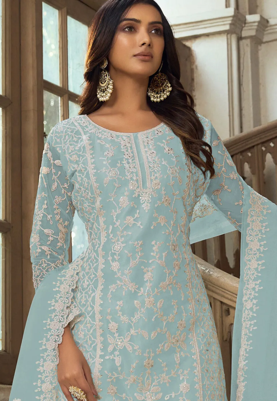 Embroidered Net Pakistani Suit in Sky Blue
