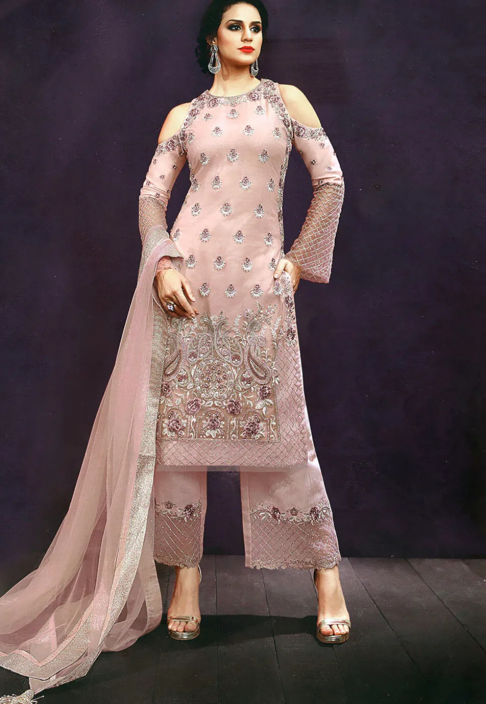 Embroidered Net Pakistani Suit in Light Pink
