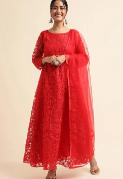Embroidered Net Pakistani Suit in Red