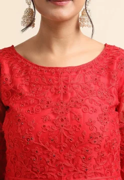 Embroidered Net Pakistani Suit in Red