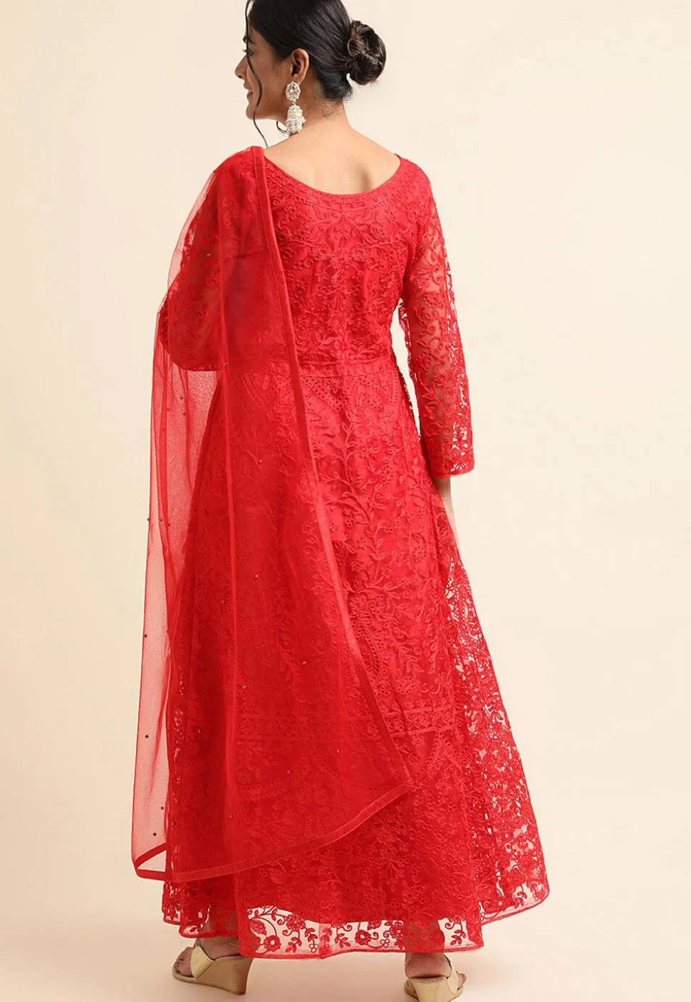 Embroidered Net Pakistani Suit in Red
