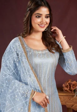 Embroidered Net Pakistani Suit in Sky Blue
