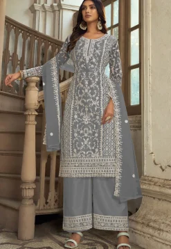 Embroidered Net Pakistani Suit in Grey