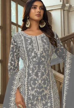 Embroidered Net Pakistani Suit in Grey