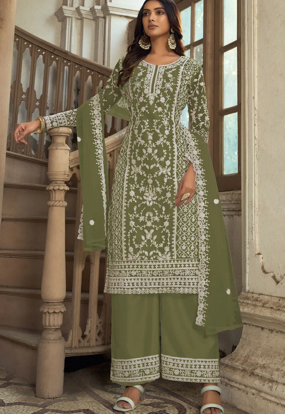Embroidered Net Pakistani Suit in Olive Green