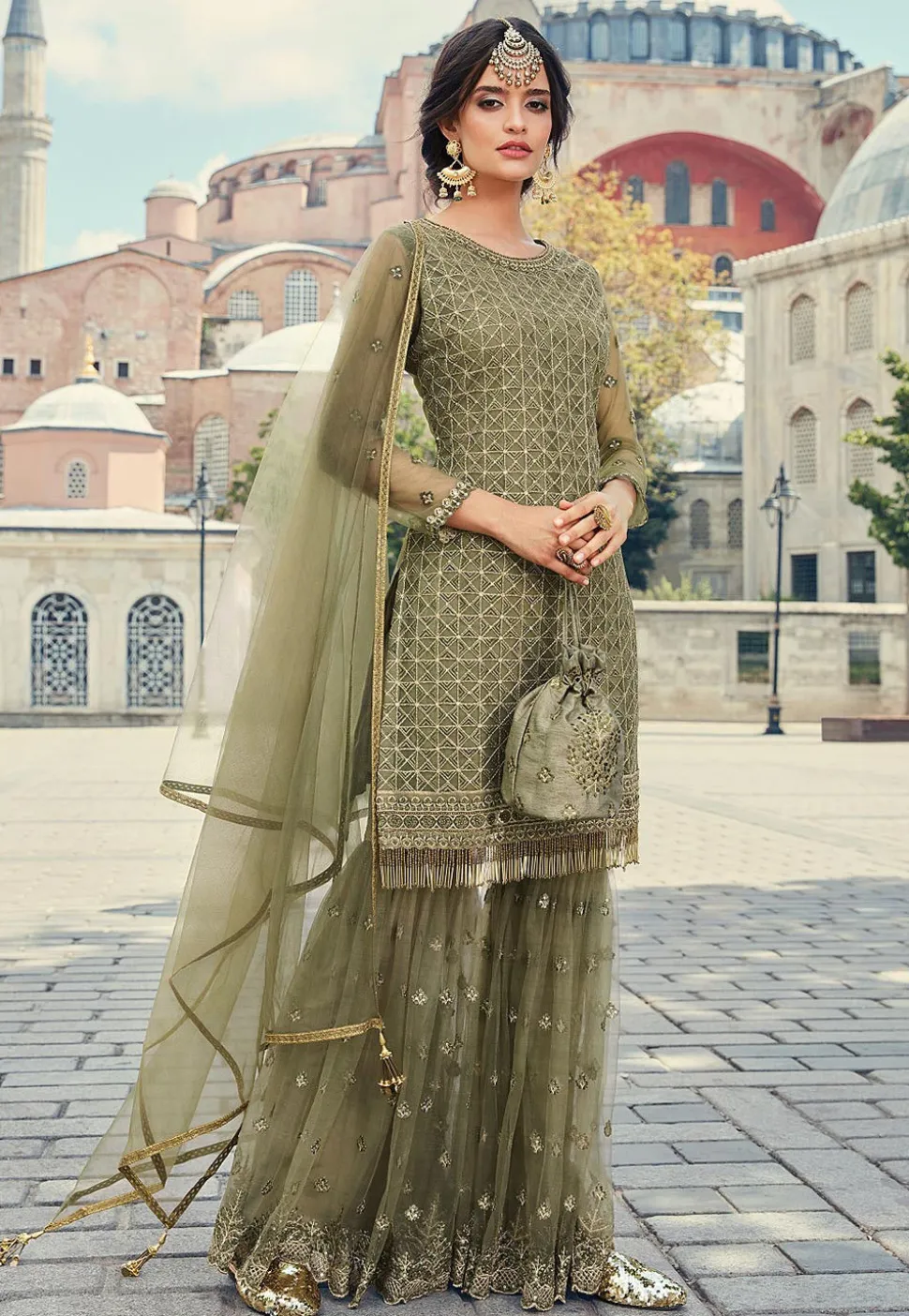 Embroidered Net Pakistani Suit in Dusty Green