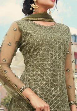 Embroidered Net Pakistani Suit in Dusty Green