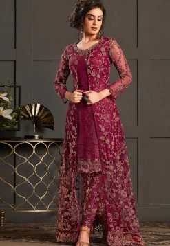 Embroidered Net Pakistani Suit in Magenta