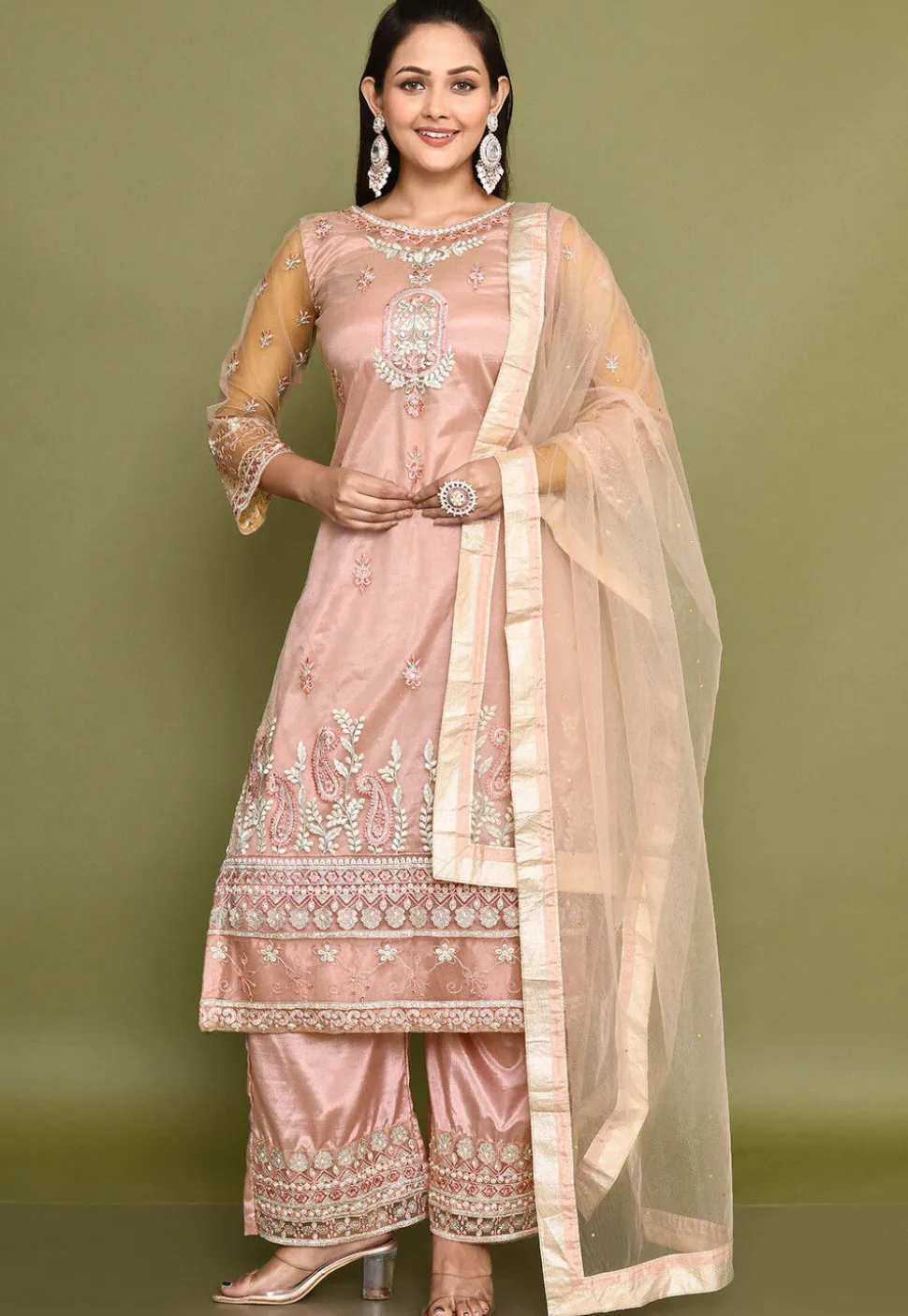 Embroidered Net Pakistani Suit in Light Pink