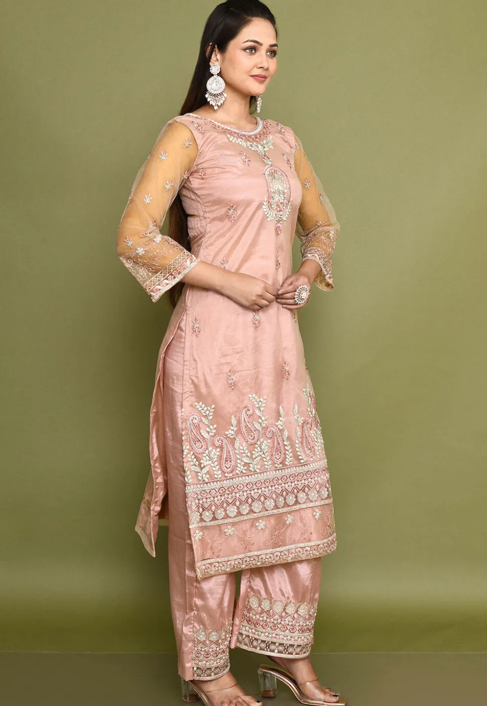 Embroidered Net Pakistani Suit in Light Pink