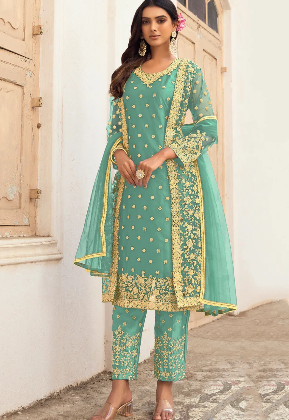 Embroidered Net Pakistani Suit in Sea Green