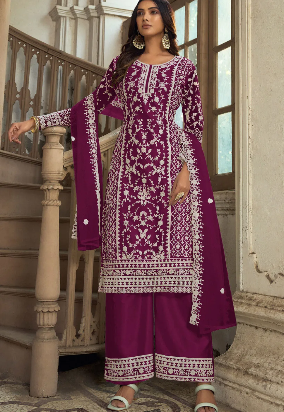 Embroidered Net Pakistani Suit in Purple