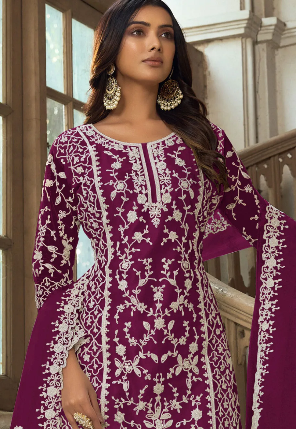 Embroidered Net Pakistani Suit in Purple