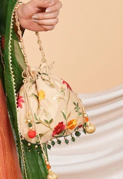 Embroidered Net Potli Bag in Beige
