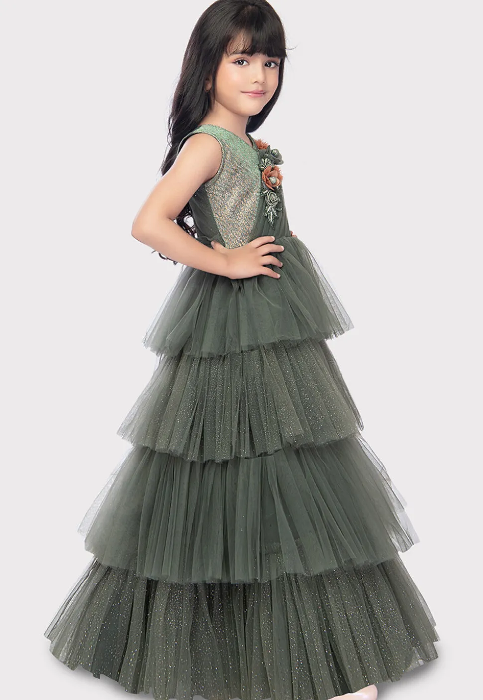 Embroidered Net Ruffled Gown in Olive Green