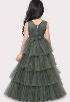Embroidered Net Ruffled Gown in Olive Green