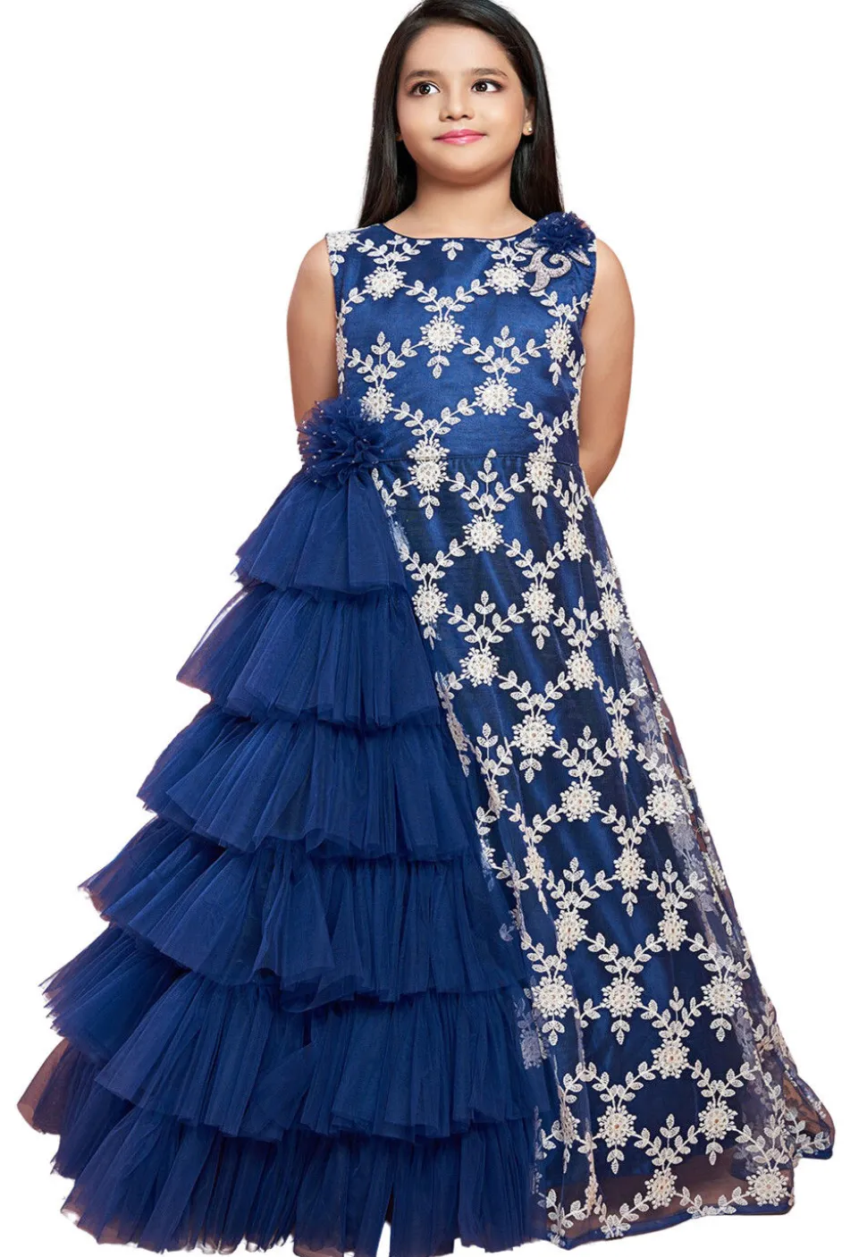 Embroidered Net Ruffled Gown in Navy Blue