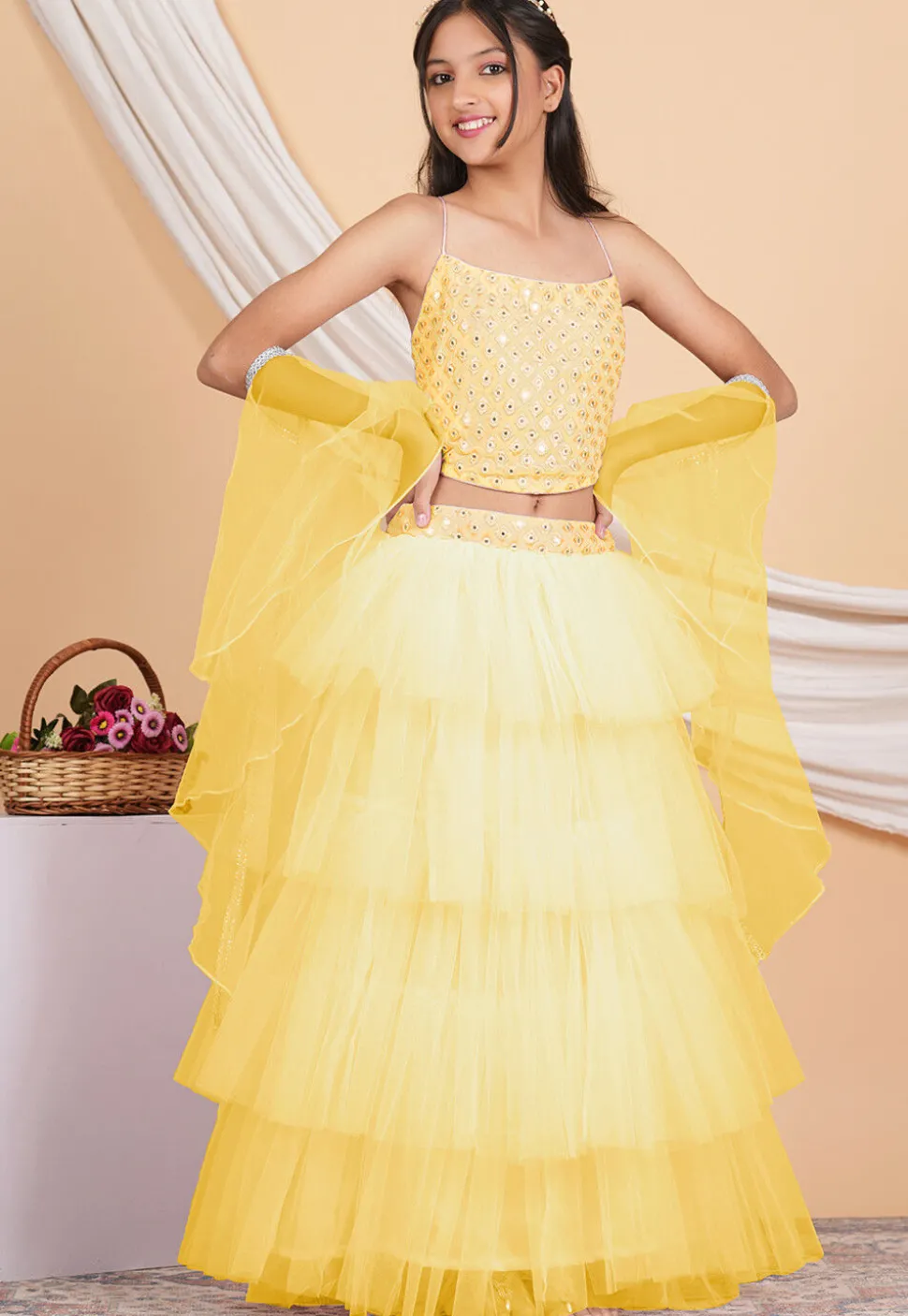 Embroidered Net Ruffled Lehenga in Pastel Yellow