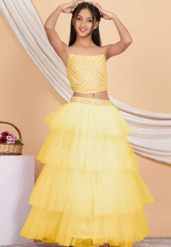 Embroidered Net Ruffled Lehenga in Pastel Yellow