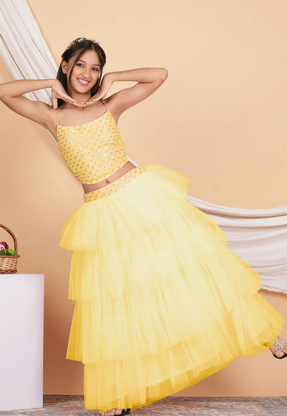 Embroidered Net Ruffled Lehenga in Pastel Yellow