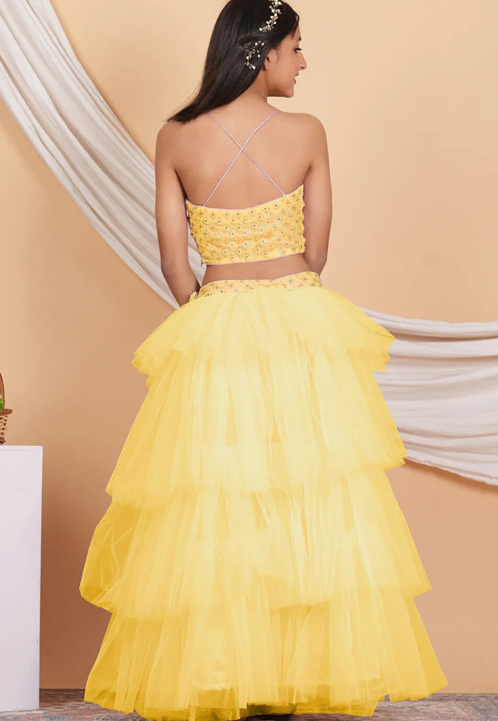 Embroidered Net Ruffled Lehenga in Pastel Yellow