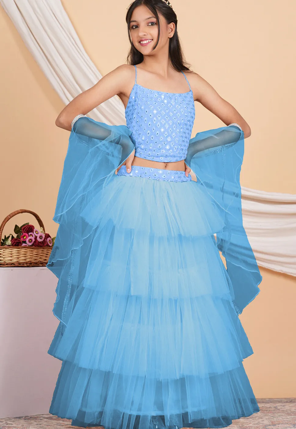 Embroidered Net Ruffled Lehenga in Pastel Blue